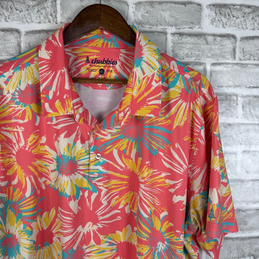Chubbies Mens XXL Performance Stretch Polo Shirt Floral Sunburst Coral Pink